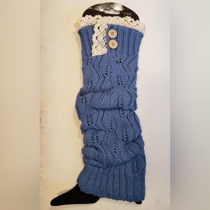 Blue Knit Leg Warmers with Button and Lace Detail
